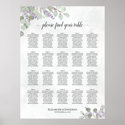 20 Table Wedding Seating Chart Lavender Eucalyptus ポスター (正面)