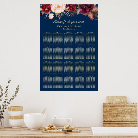 20 Tables Burgundy Floral Wedding Seating Chart ポスター (キッチン)