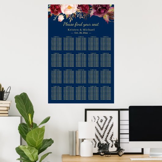 20 Tables Burgundy Floral Wedding Seating Chart ポスター (ホームオフィス)