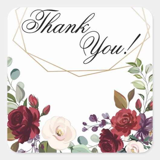 20 Thank Youステッカー白バラ金ゴールド幾何学的 スクエアシール (正面)