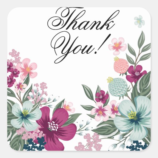 20 Thank You Stickersトロピカルフラワーオンホワイト スクエアシール (正面)