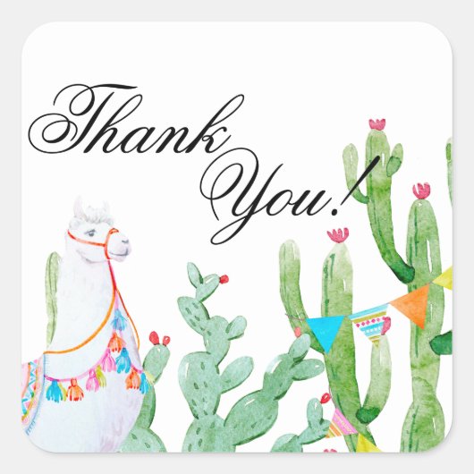 20 Thanks You Stickers Boho Llama Bohemian Cacti D スクエアシール (正面)