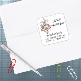 20 Watercolor Mistletoe Return Address Christmas スクエアシール