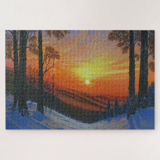20"x30" パズル - "雪に覆われた森の上の日没"