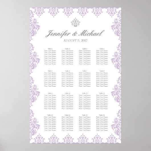 20" x 30" Damask Wedding Seating Chart (16 Tables) ポスター (正面)