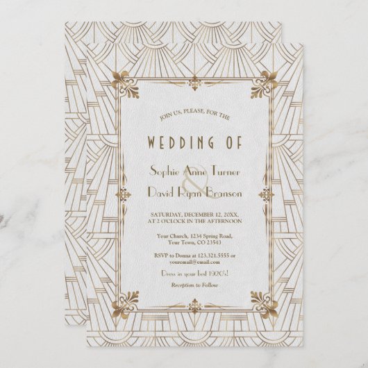 20sフルーア王室のデリスアールデコ金ゴールドホワイト結婚ズ 招待状 (正面/裏面)