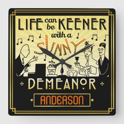 20sレトロのアールデコの明るい振舞いの名前をカスタムする スクエア壁時計 (正面)