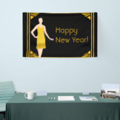 20s明けましておめでとうをとどろいている金ゴールドの女性 横断幕 (トレードショー)