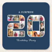 20thバースデーパーティー写真コラージパウダー濃い青 スクエアペーパーコースター (正面)