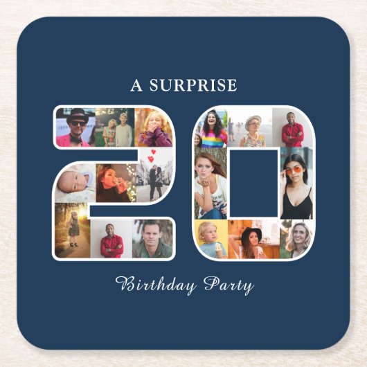 20thバースデーパーティー写真コラージパウダー濃い青 スクエアペーパーコースター (正面)