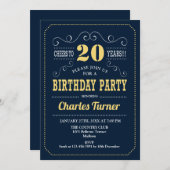 20thバースデーパーティー – 海軍金ゴールド 招待状 (正面/裏面)