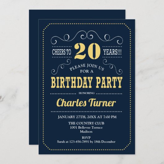 20thバースデーパーティー – 海軍金ゴールド 招待状 (正面/裏面)