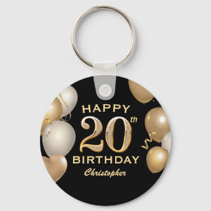 20th誕生日パーティーブラック&金ゴールドバルーン キーホルダー