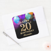 20th誕生日パーティーブラック&金ゴールドバルーン スクエアシール (封筒)