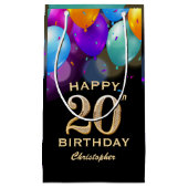 20th誕生日パーティーブラック&金ゴールドバルーン スモールペーパーバッグ (正面)