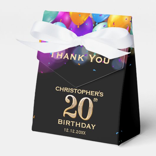 20th誕生日パーティーブラック&金ゴールドバルーン フェイバーボックス (正面サイド)