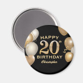 20th誕生日パーティーブラック&金ゴールドバルーン マグネット (正面/裏面)
