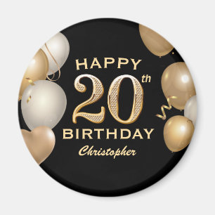 20th誕生日パーティーブラック&金ゴールドバルーン マグネット