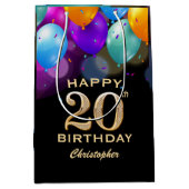 20th誕生日パーティーブラック&金ゴールドバルーン ミディアムペーパーバッグ (正面)
