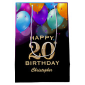20th誕生日パーティーブラック&金ゴールドバルーン ミディアムペーパーバッグ (裏面)