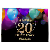 20th誕生日パーティーブラック&金ゴールドバルーン ラージペーパーバッグ (裏面)