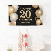20th誕生日パーティーブラック&金ゴールドバルーン 横断幕 (インサイチュ)
