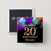 20th誕生日パーティーブラック&金ゴールドバルーン 缶バッジ (正面&裏面)