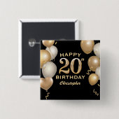 20th誕生日パーティーブラック&金ゴールドバルーン 缶バッジ (正面&裏面)