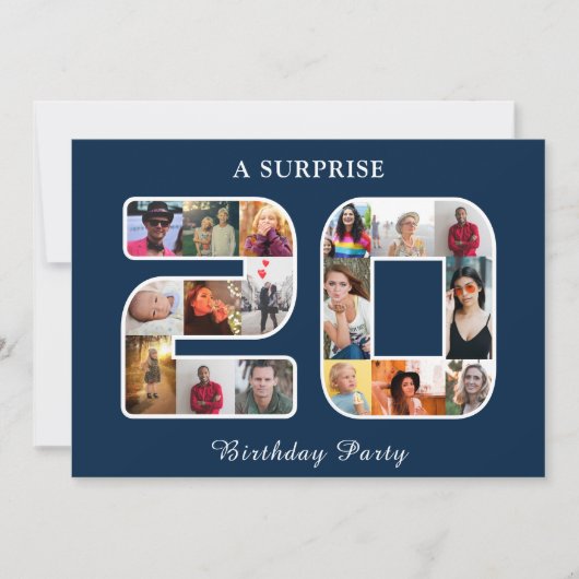 20th誕生日パーティー写真コラージブルーホワイト 招待状 (正面)