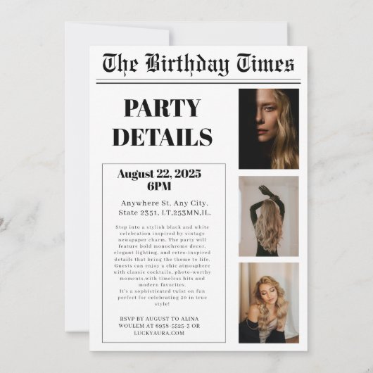 20th誕生日パーティー新聞カバー写真 招待状 (裏面)
