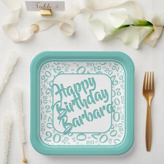 20th誕生日パーティー番号パターンティール(緑がかった色)白 ペーパープレート (ウェディング)