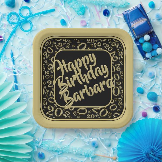 20th誕生日パーティー番号パターンブラック金ゴールド ペーパープレート (パーティー)