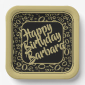 20th誕生日パーティー番号パターンブラック金ゴールド ペーパープレート (正面)