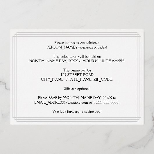 20th誕生日パーティー:アールデコを見る"20"、名前と 箔招待状 (裏面)