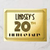 20th誕生日パーティー~アールデコスタイル"20" +名前 箔招待状ポストカード (正面)