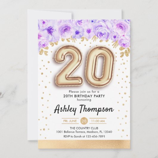 20th誕生日パーティー – 金ゴールドバルーン紫 招待状 (正面)