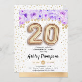 20th誕生日パーティー – 金ゴールドバルーン紫 招待状 (正面/裏面)