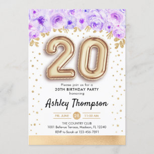 20th誕生日パーティー – 金ゴールドバルーン紫 招待状