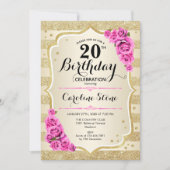 20th誕生日-金ゴールドスストライプピンクローズ招待状 招待状 (正面)