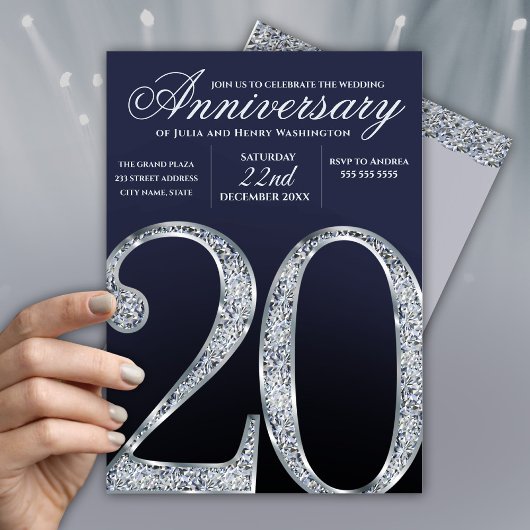 20th Anniversary Diamond Silver Dark Blue Years 招待状