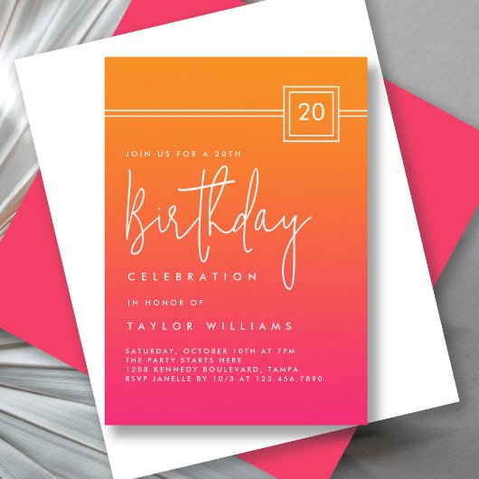 20th Birthday Bold Hot Pink Orange Simple Minimal 招待状