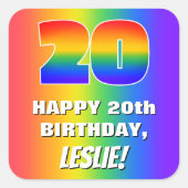 20th Birthday: Colorful, Fun Rainbow Pattern # 20 スクエアシール (正面)