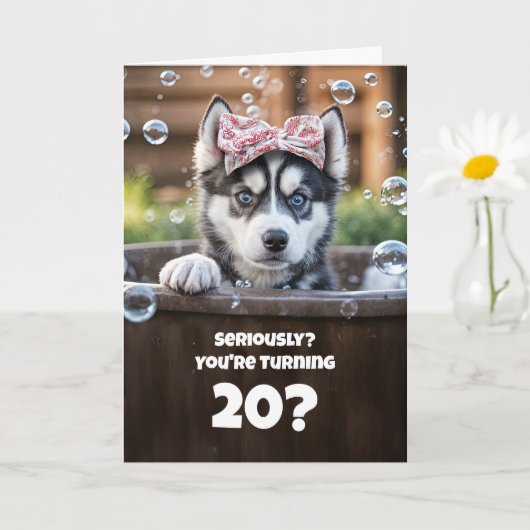 20th Birthday Cute Siberian Husky Puppy  カード (小さな植物)