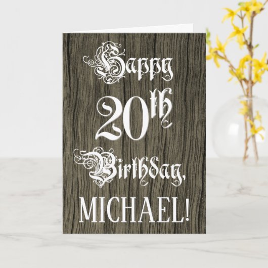 20th Birthday: Fancy, Elegant Text; Faux Wood Look カード (黄色い花)