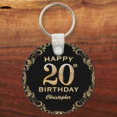 20th Birthday Partyブラック&金ゴールドグリッター枠 キーホルダー (正面)