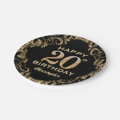 20th Birthday Partyブラック&金ゴールドグリッター枠 ペーパープレート (アングル)