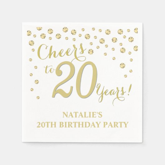 20th Birthday Partyホワイト&金ゴールドダイヤモンドナプキン スタンダードカクテルナプキン (正面)