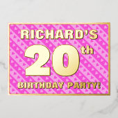 20th Birthday Party —おもしろいピンクのハートとストライプ 箔招待状 (正面)