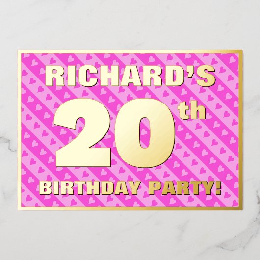 20th Birthday Party —おもしろいピンクのハートとストライプ 箔招待状 (正面)