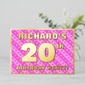 20th Birthday Party —おもしろいピンクのハートとストライプ 箔招待状 (立ち正面)